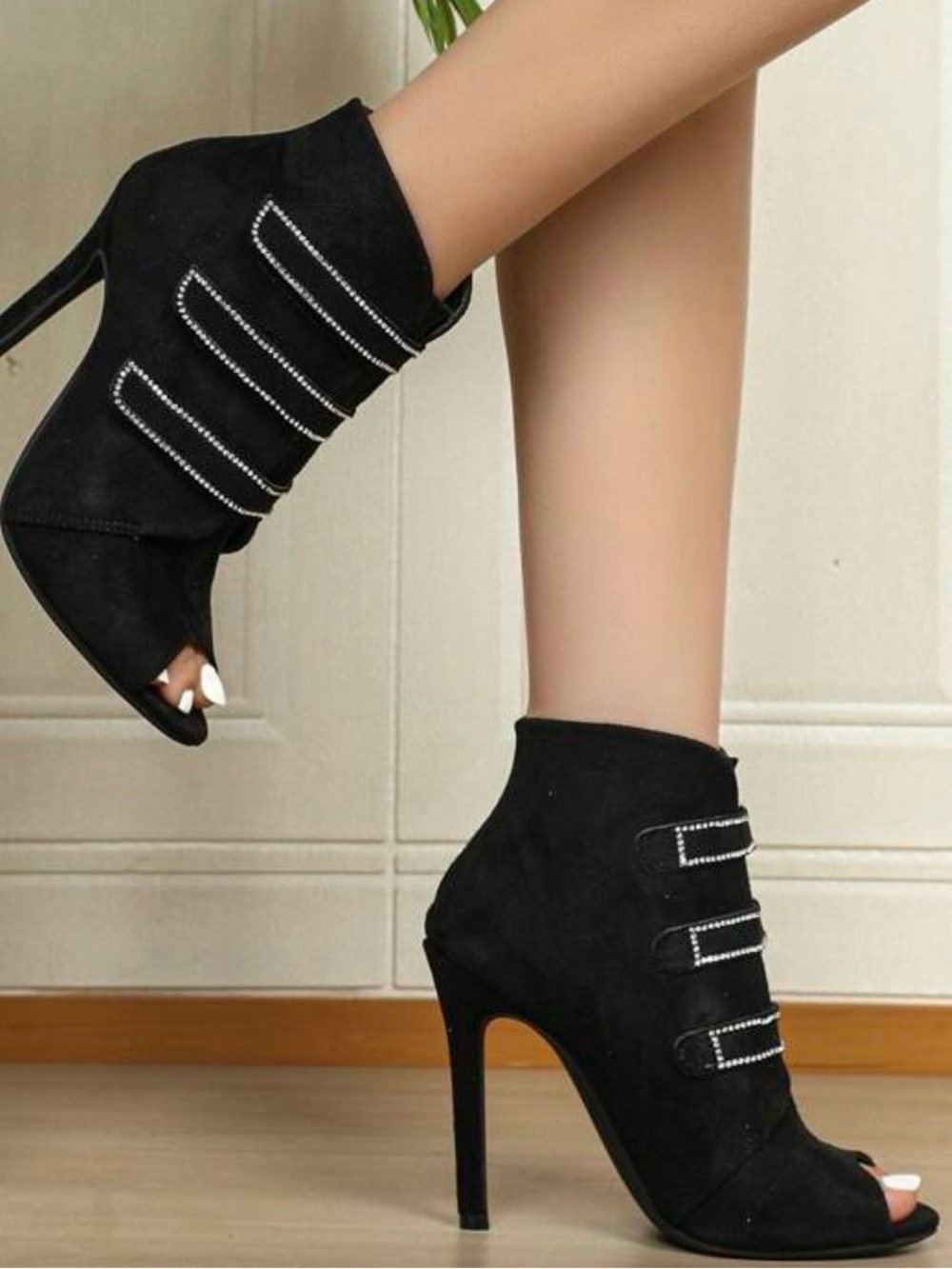 Black Suede Peep-Toe Stiletto Ankle Boots with Strappy Rhinestone Accents